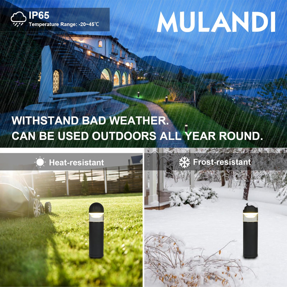 MULANDI bollard light warm white lens for ambient walkway glow.