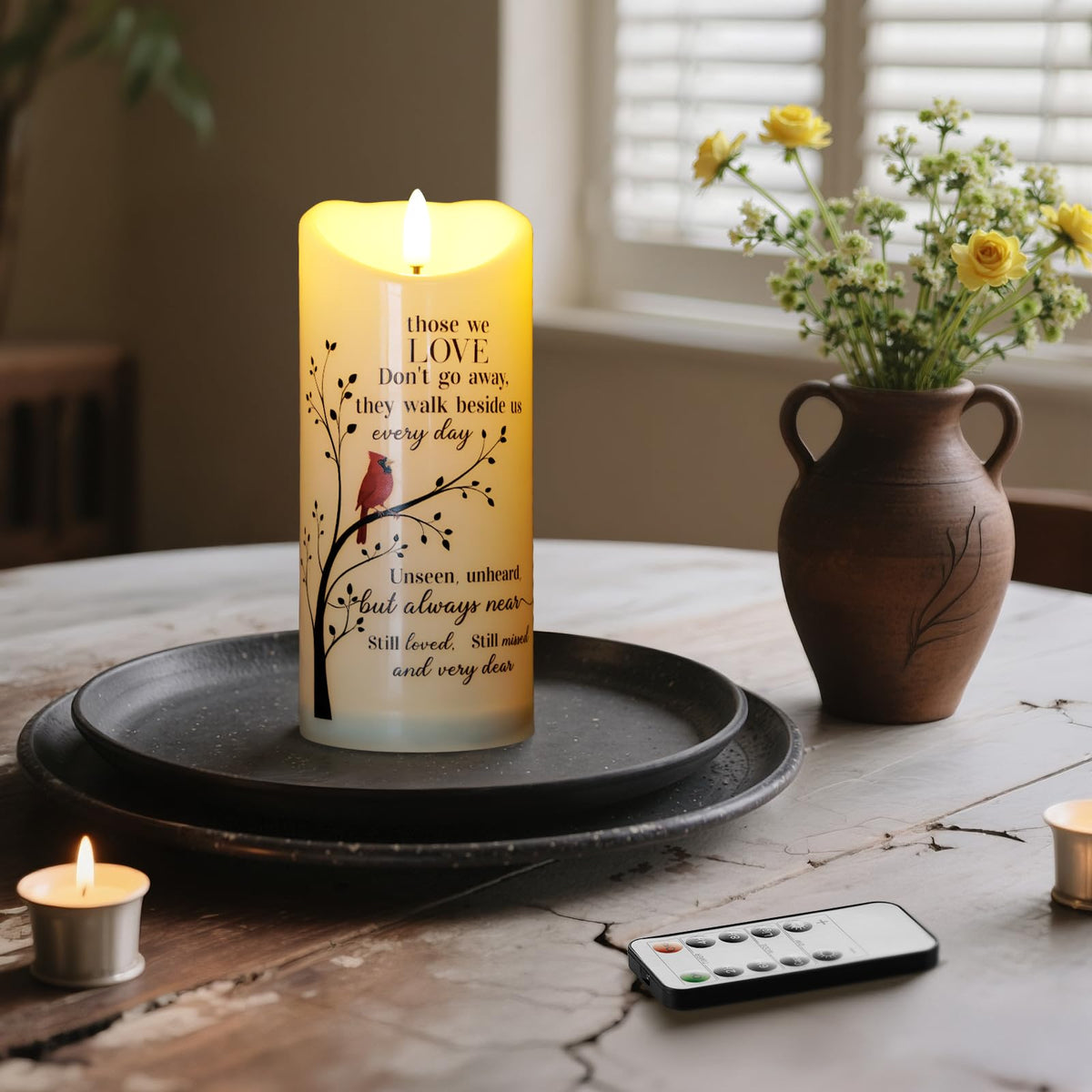 MULCHUM candle with cardinal symbol promotes hope and presence in space