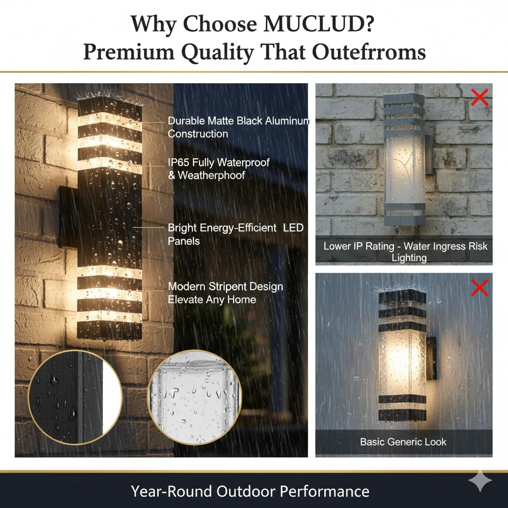 MUCLUD outdoor wall light mounted on wall showing compact form and integrated glow.