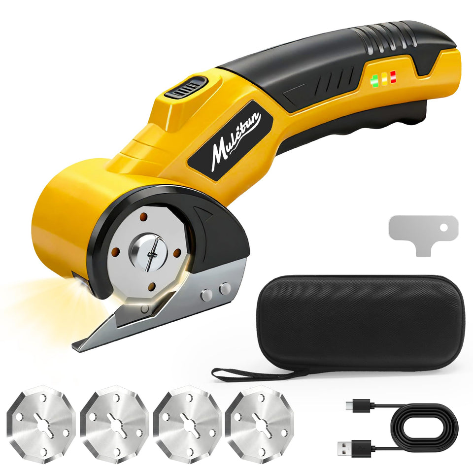 Mulctun electric box cutter with case storage for safe transport and quick access.
