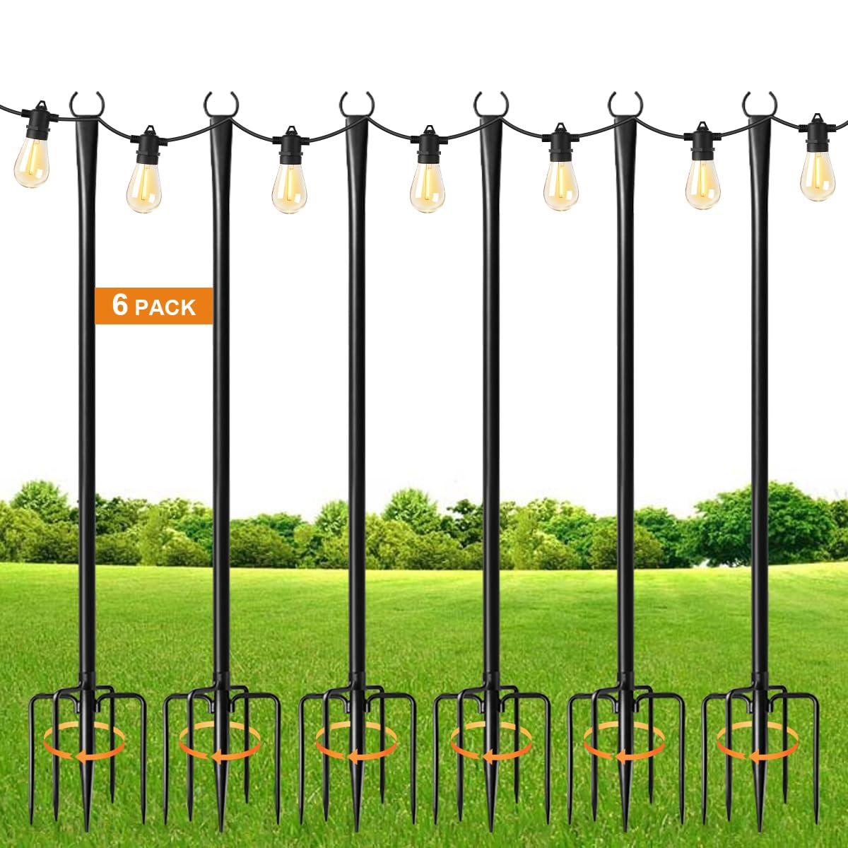 MuliVid 6-pack 9ft light poles with fork base offer stable outdoor decor.