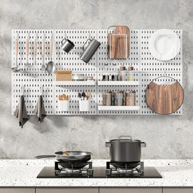 MULSAME pegboard shelves holding craft supplies in a tidy setup.