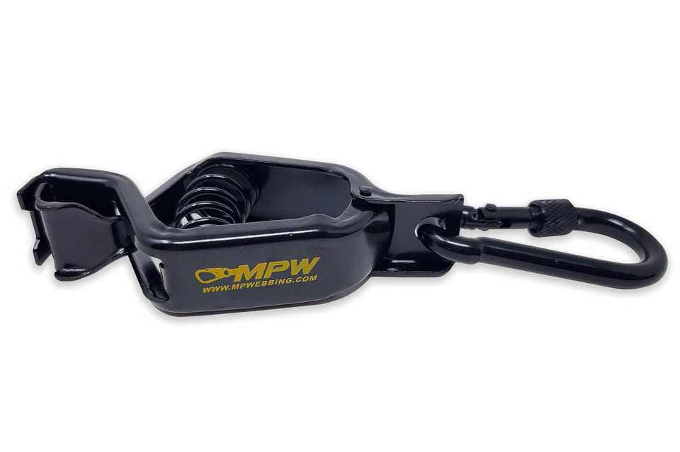Multipurpose Webbing Inc glove clamp front view illustrating secure glove storage and quick access.