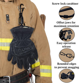 Multipurpose Webbing Inc glove strap closeup highlighting metal durability.