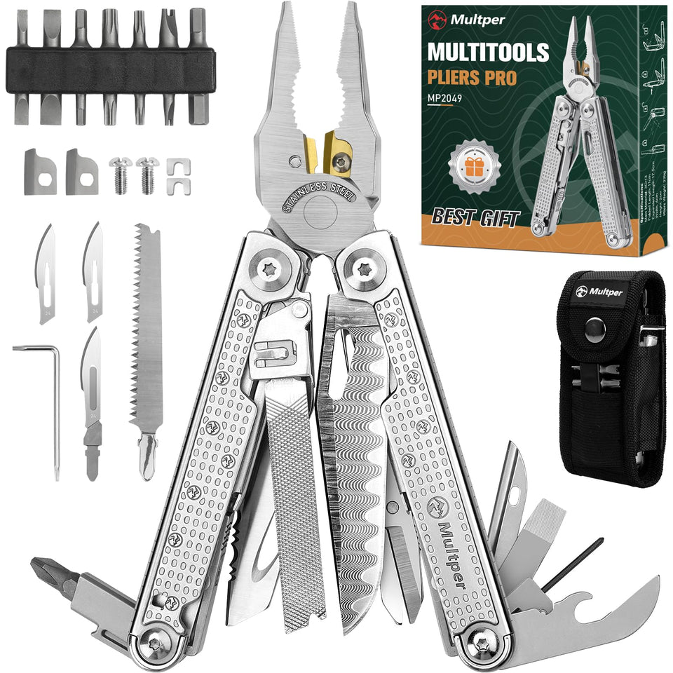Multper Multitools Pliers Pro with Damascus knife; durable for camping tasks