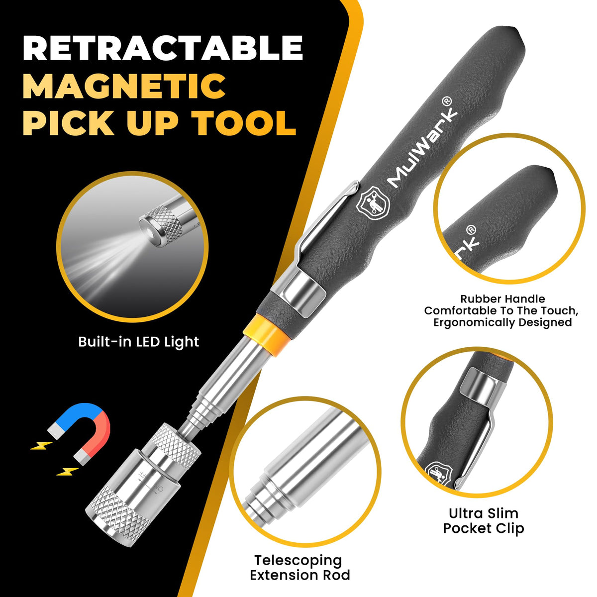 Mulwark 1 lb magnetic stick retrieves small parts from hard to reach gaps.