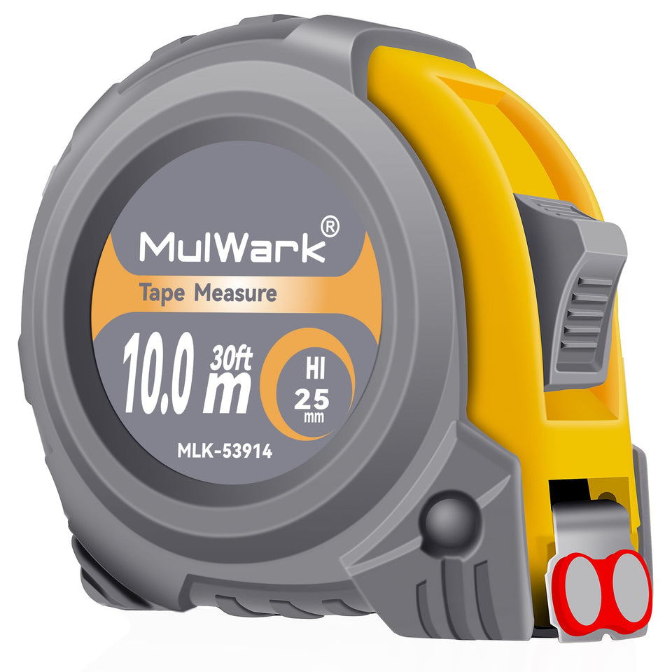 MulWark 30ft tape measure front view highlights durable blade and easy readability.