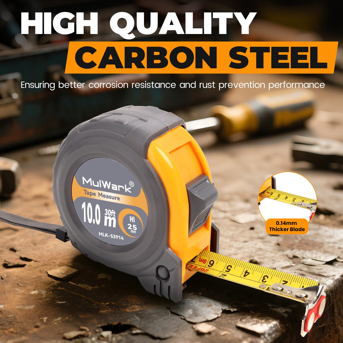 MulWark 30ft tape measure magnetic hook shows secure measurement on metal surfaces.