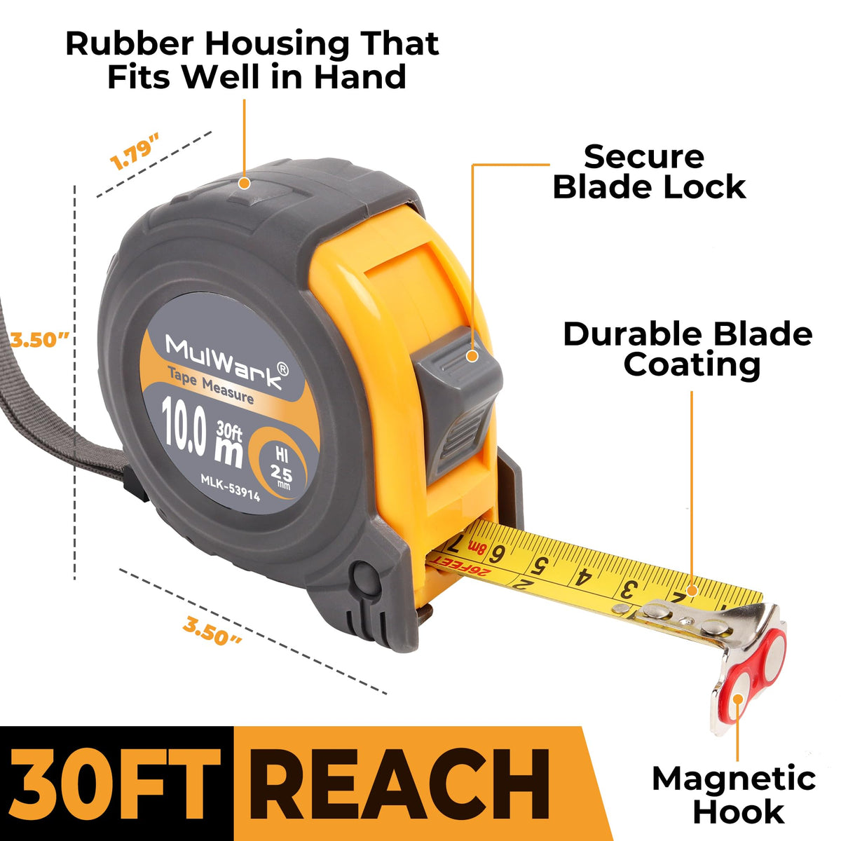 MulWark 30ft tape measure metal blade close-up emphasizes rust resistance and durability.