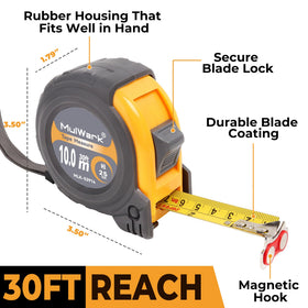 MulWark 30ft tape measure metal blade close-up emphasizes rust resistance and durability.