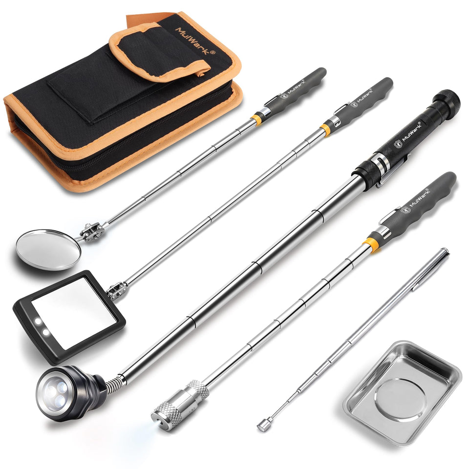 Mulwark 7-piece magnetic pickup tool set with mirrors for tight spaces and precise retrieval.