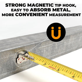 MulWark magnetic hook tape measure attaching to metal surfaces for hands-free work