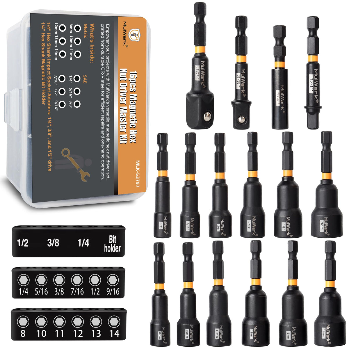 MulWark magnetic nut driver 16pcs showing secure fastener grip with magnetic tips.