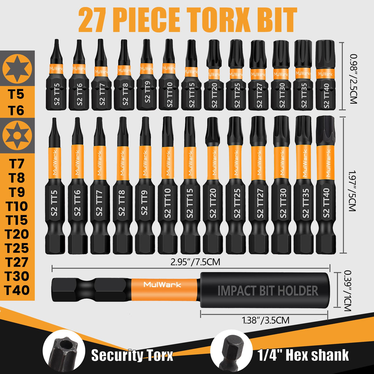 MulWark 2-inch Torx bits ready for extended reach in tight spaces.