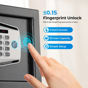 MUNBYN smart biometric safe interior layout highlighting 0.5 cu ft capacity for valuables