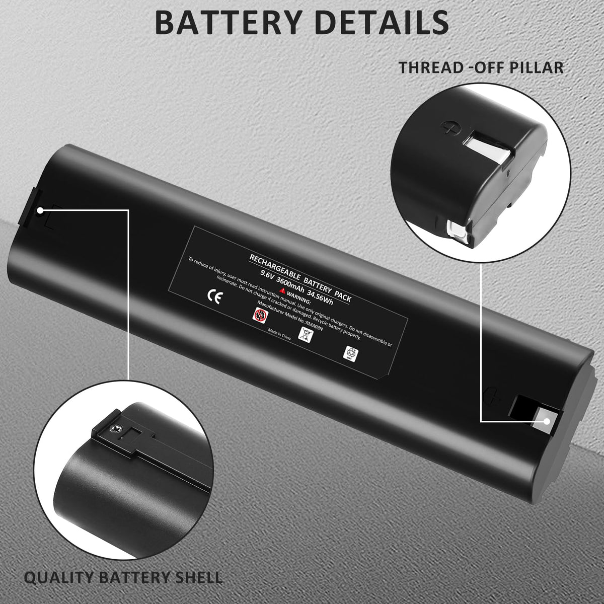 Munikind replacement battery compatible with Makita 9000/9033/9600 models.