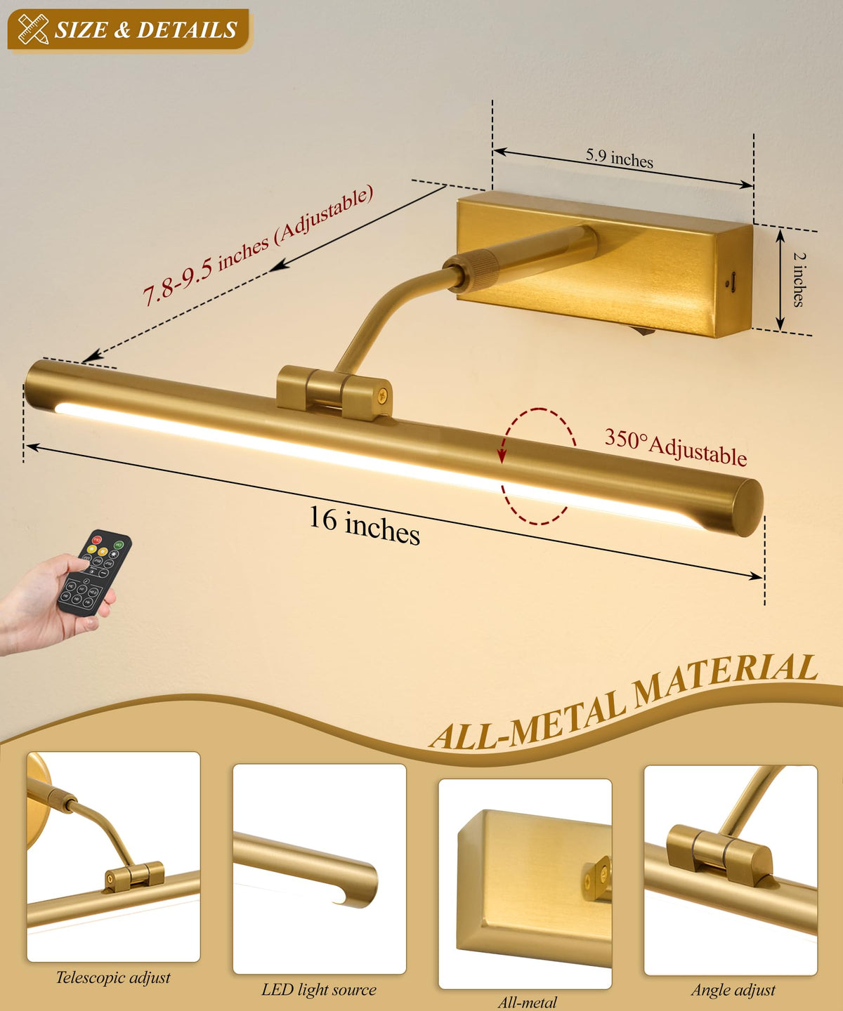 Musanne picture light with 350-degree rotating head for precise art highlight.
