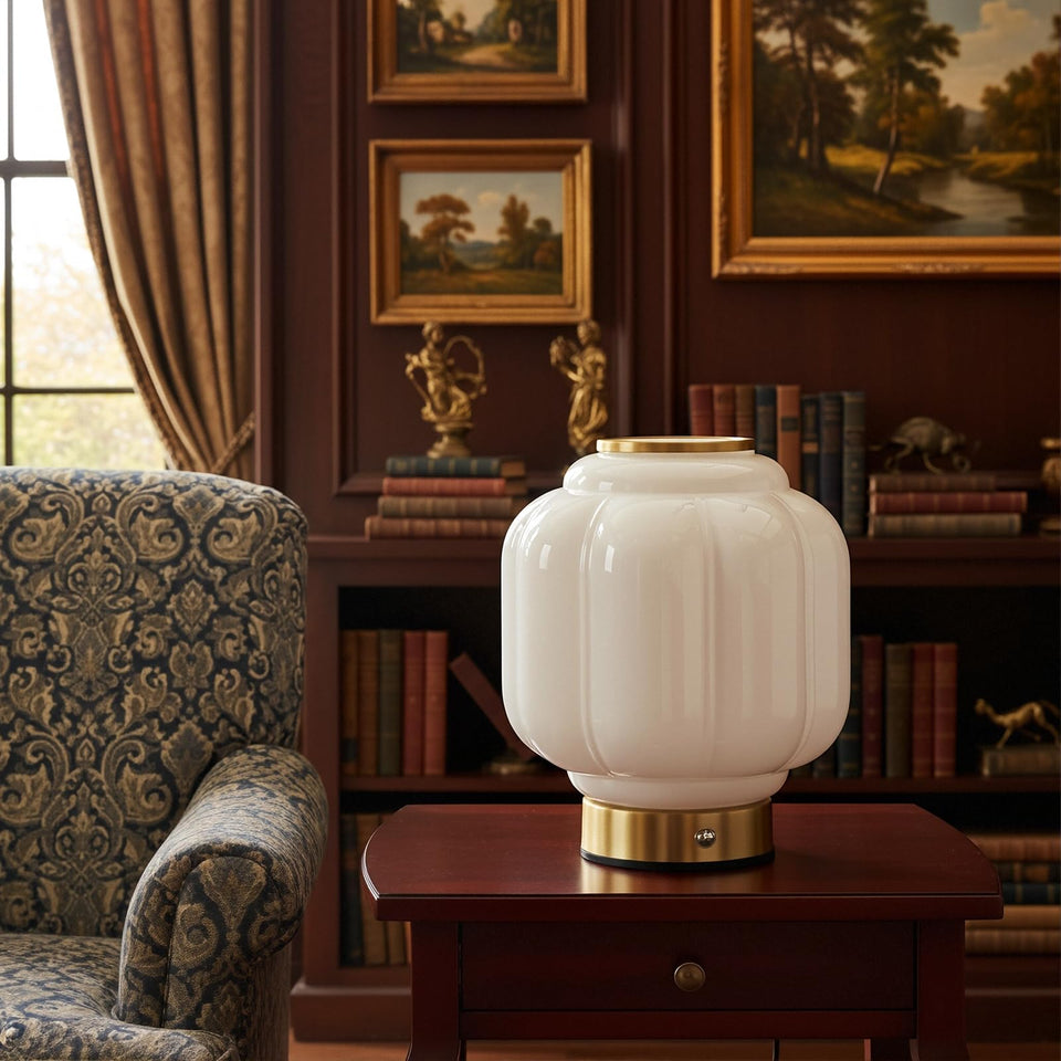 MUSEDS mushroom lamp with brass base and white shade for warm ambient light.