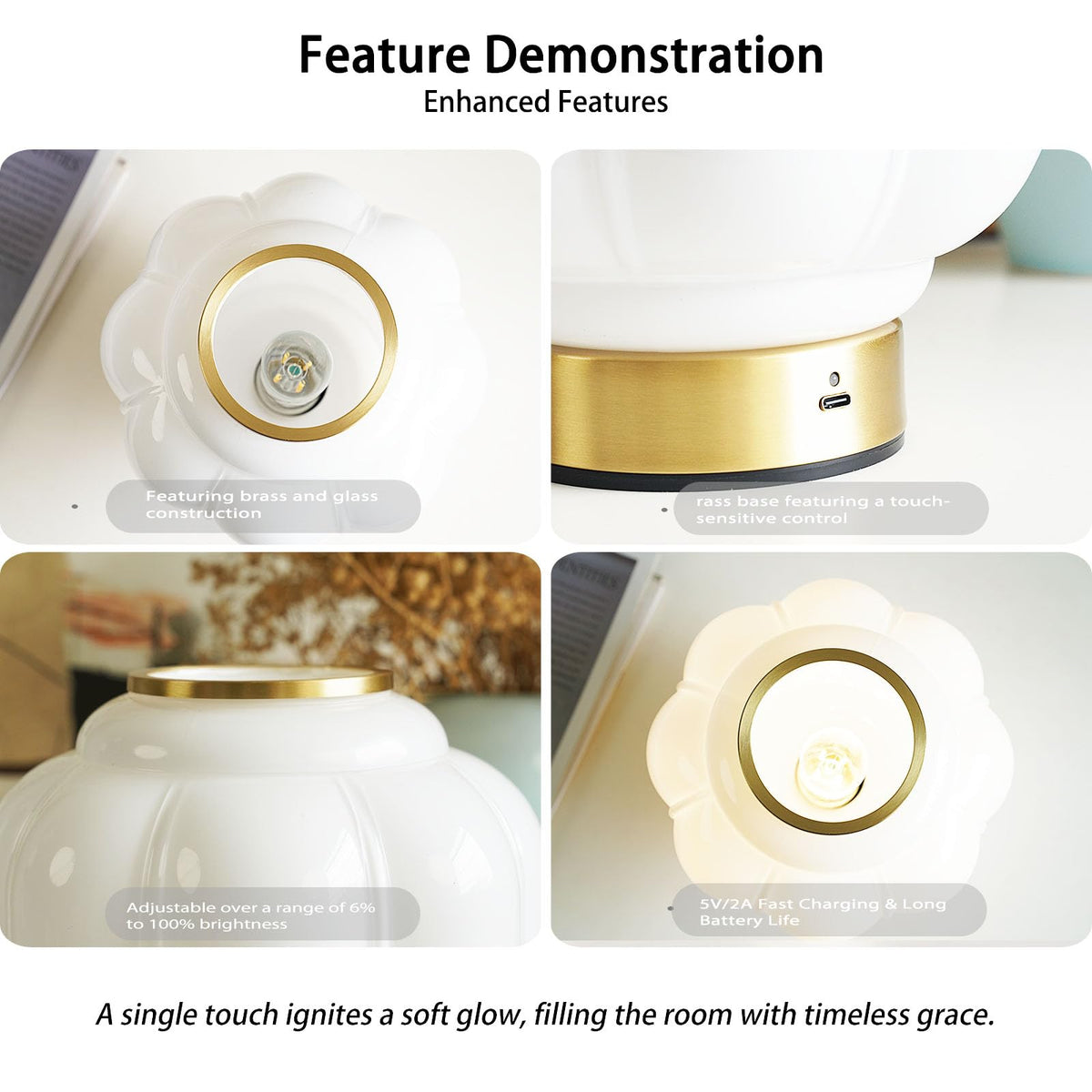 MUSEDS close-up showing brass base and white glass shade.