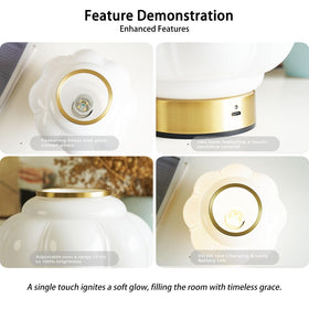MUSEDS close-up showing brass base and white glass shade.