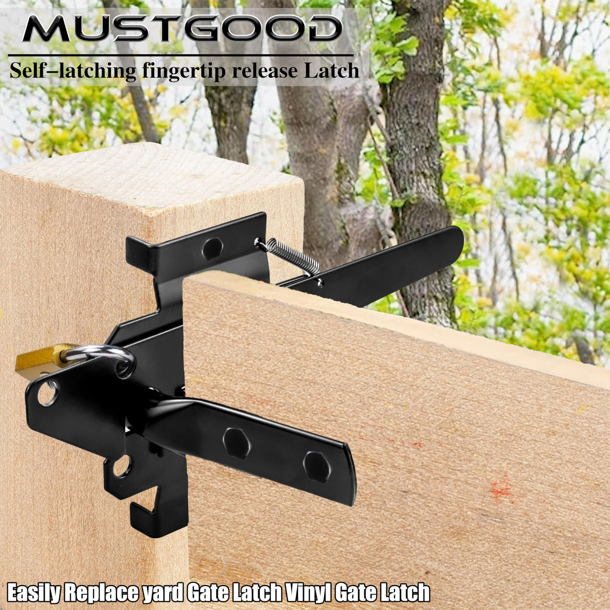 MustGood gate latch automatic-release in action enabling one-finger operation.