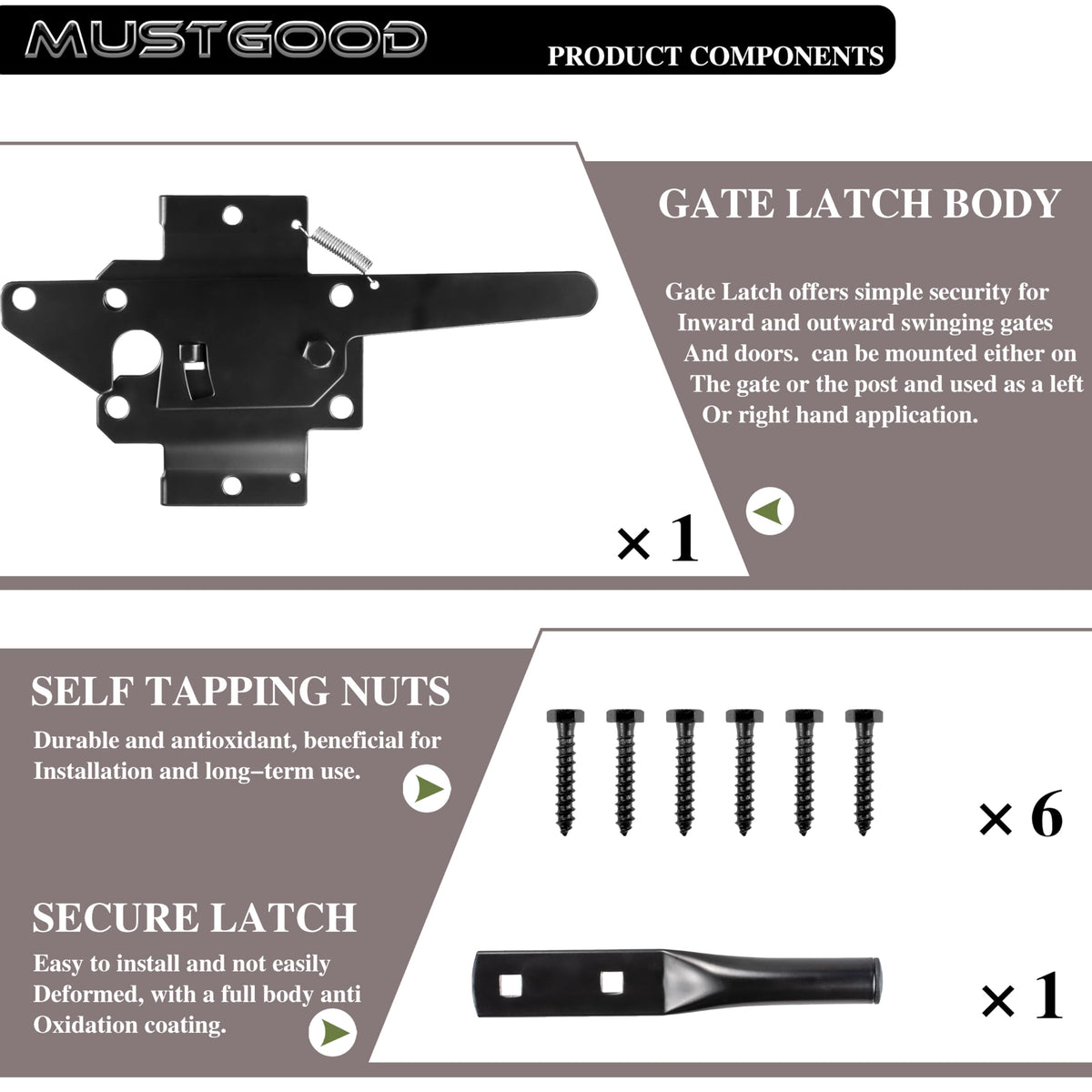 MustGood gate latch easy-install no-tools setup on wooden fence.