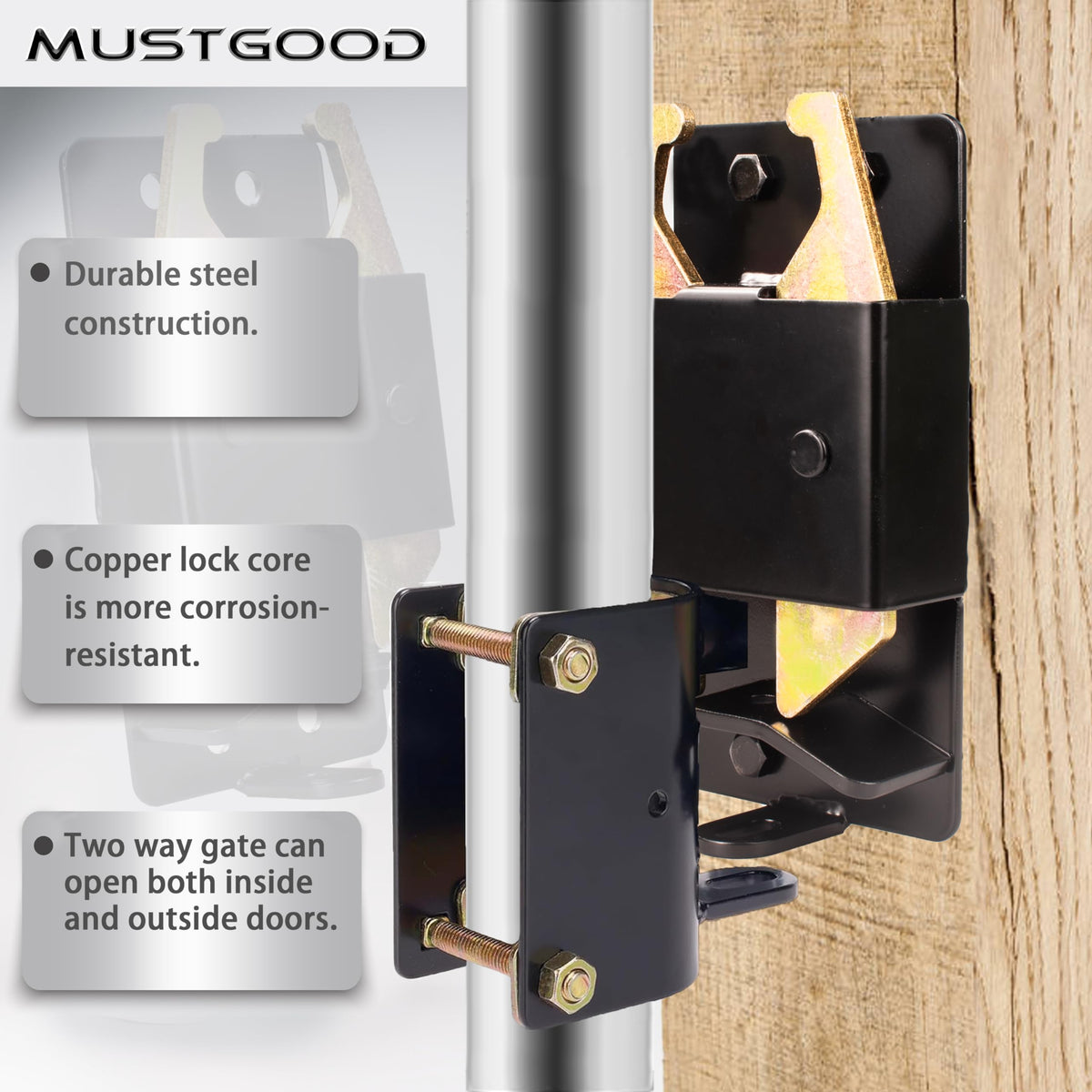 MustGood gate latch side profile showing rust-resistant finish for weather exposure.