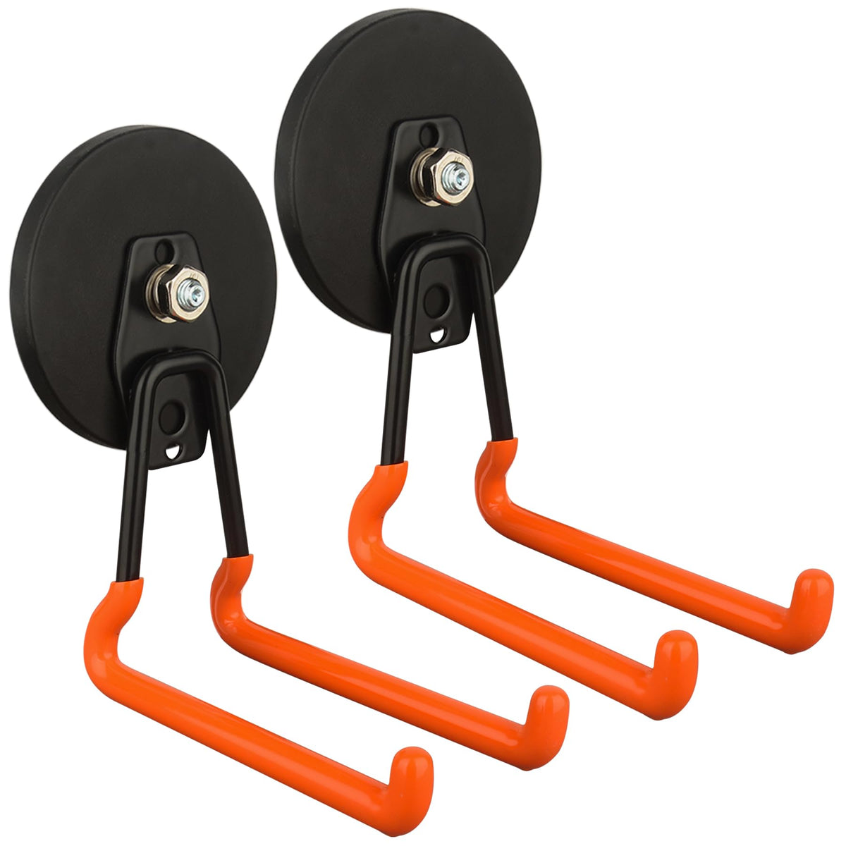 Mutuactor 40lb magnetic hook on metal surface securely holding a drill.