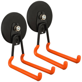 Mutuactor 40lb magnetic hook on metal surface securely holding a drill.
