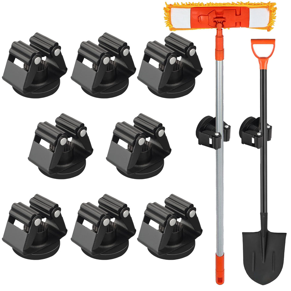 MUTUACTOR magnetic broom holders eight-pack, wall-mounted for quick cleaning-tool access.