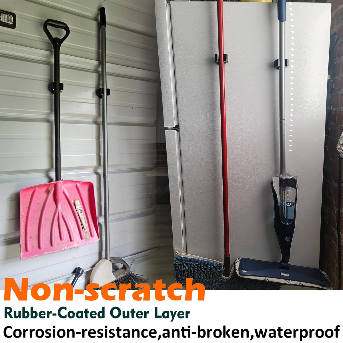 MUTUACTOR universal mop-broom holder organizes cleaning tools in any room.