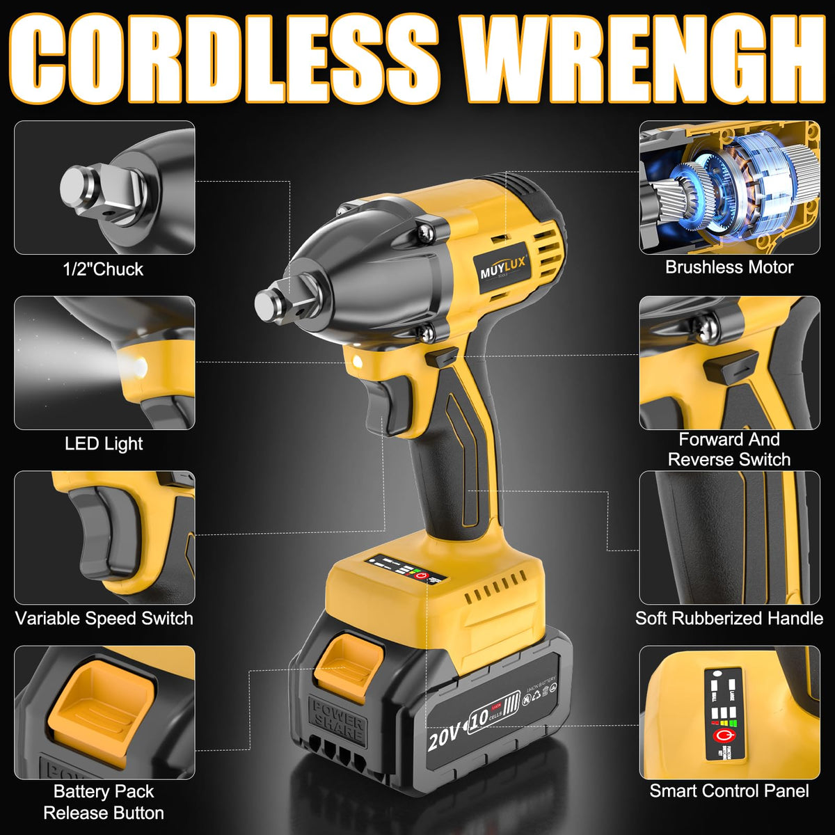 Muylux brushless motor close-up highlighting durable construction.