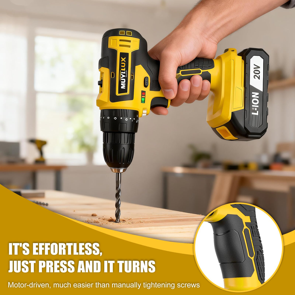 Muylux cordless drill 70pcs batteries provide extended runtime for continuous repairs.