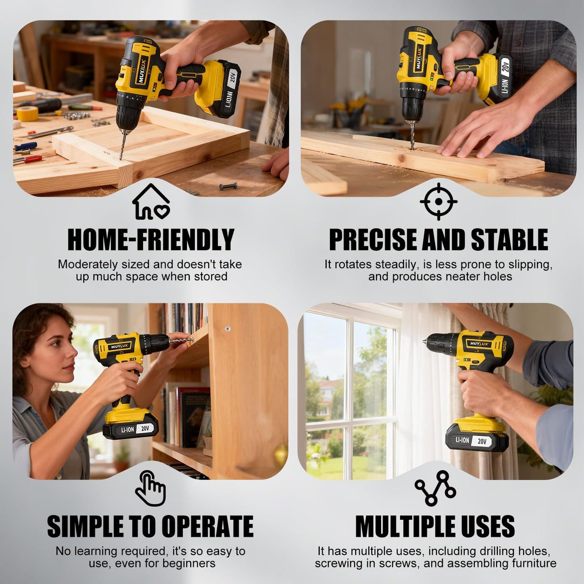 Muylux cordless drill 70pcs bits offer versatility for wood, plastic, and metal projects.