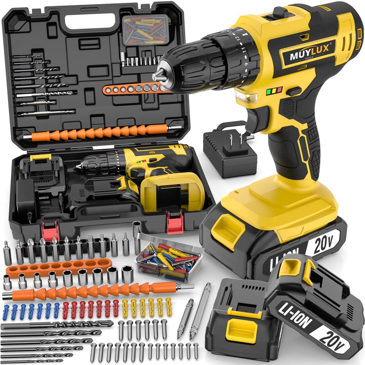 Muylux cordless drill 70pcs case enables organized storage for efficient DIY projects.