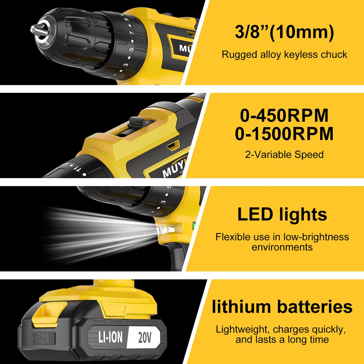 Muylux cordless drill 70pcs charger ensures quick recharges to stay productive.