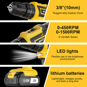 Muylux cordless drill 70pcs charger ensures quick recharges to stay productive.