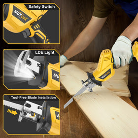 Muylux saw showing tool-free blade change for quick swaps