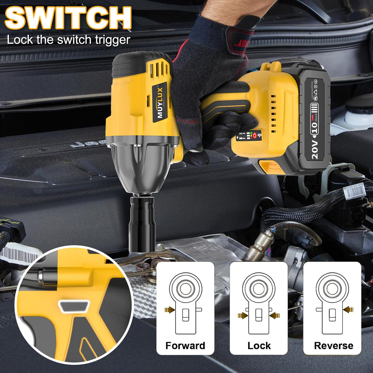 Muylux tire removal tool in action during automotive service.