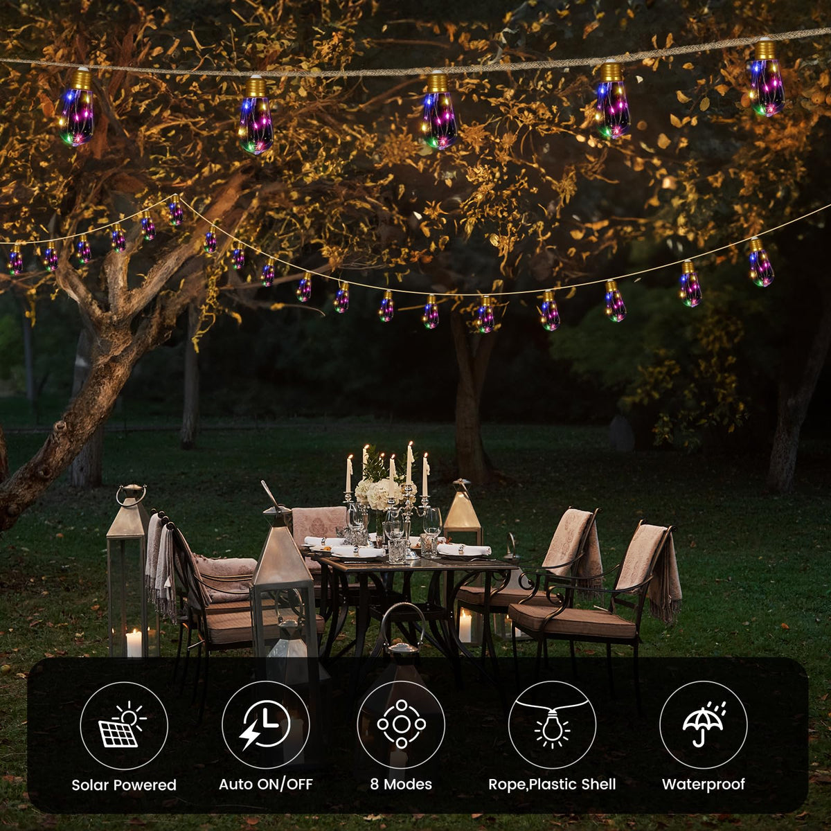 MUYUN Edison-style 20-bulb solar string lights, weatherproof and durable.