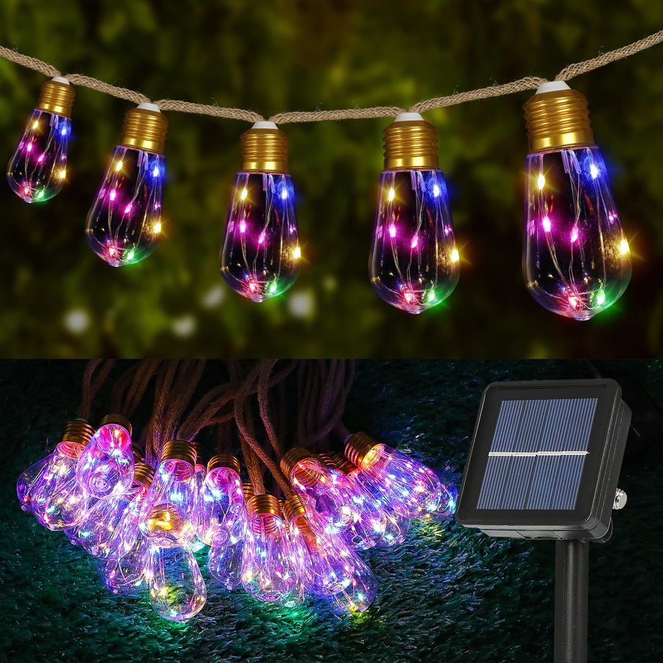 MUYUN solar outdoor string lights with multicolor bulbs for garden ambiance.
