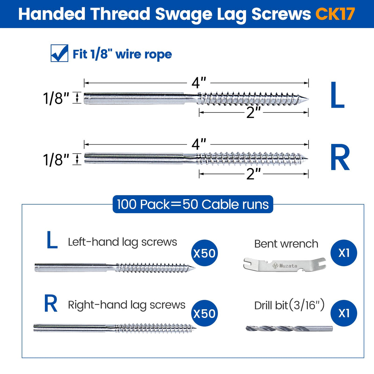 Muzata 1-8-Inch swage lag screw provides a clean, strong grip on wood posts.