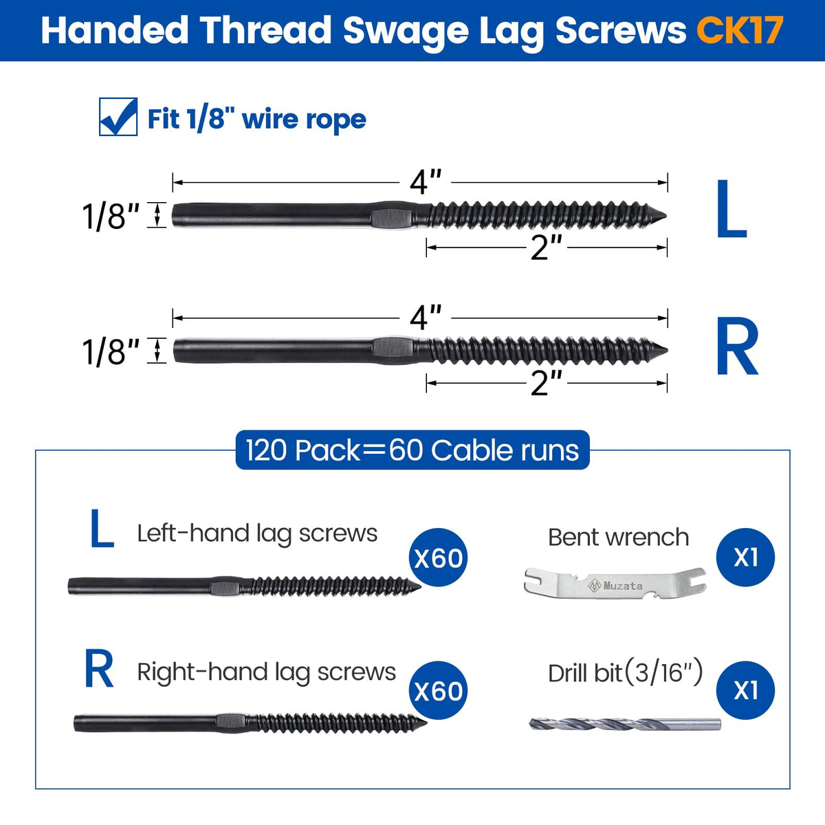 Muzata right-hand swage lag screws ensure balanced cable alignment on posts.