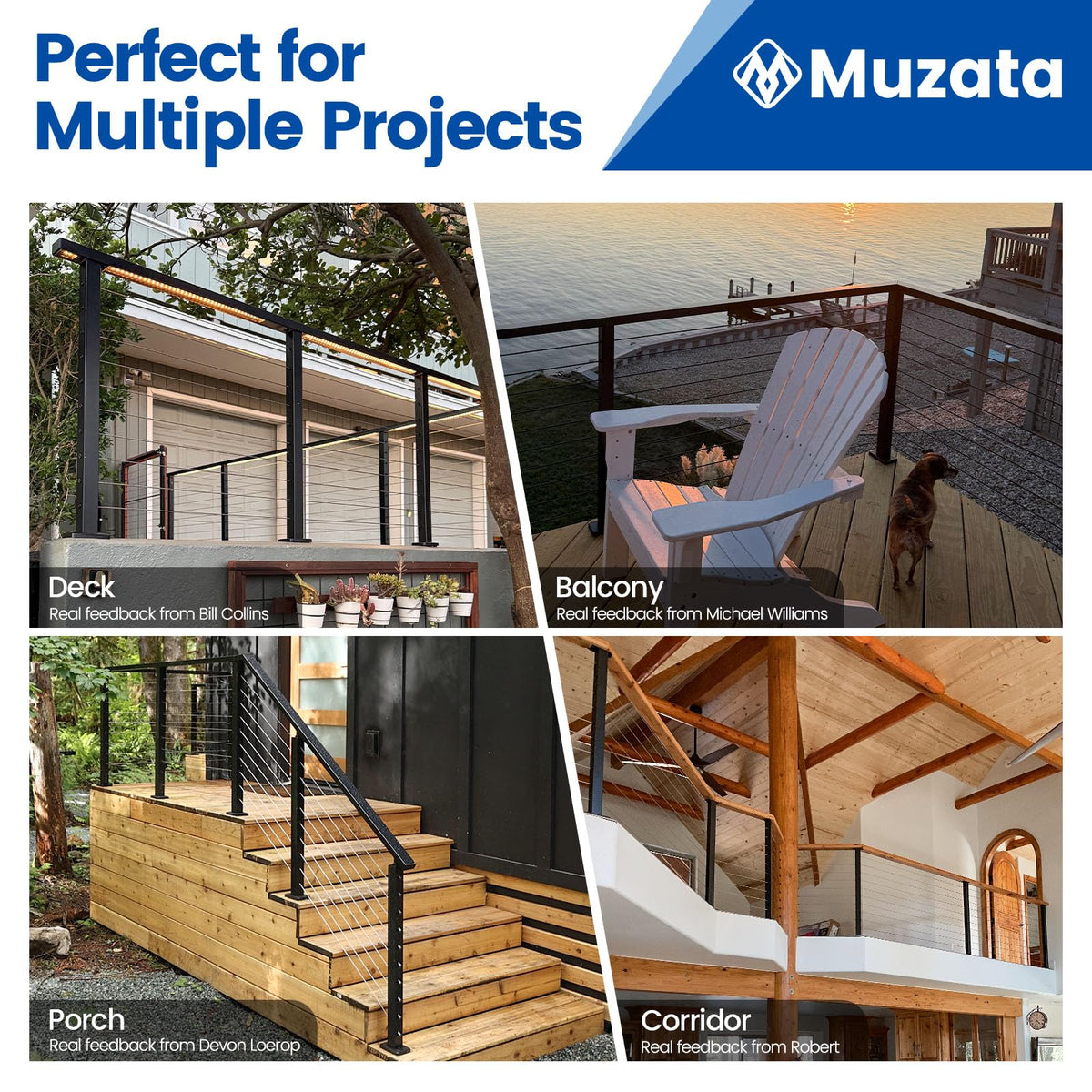 Muzata all-black cable railing system enhances modern deck aesthetics and durability