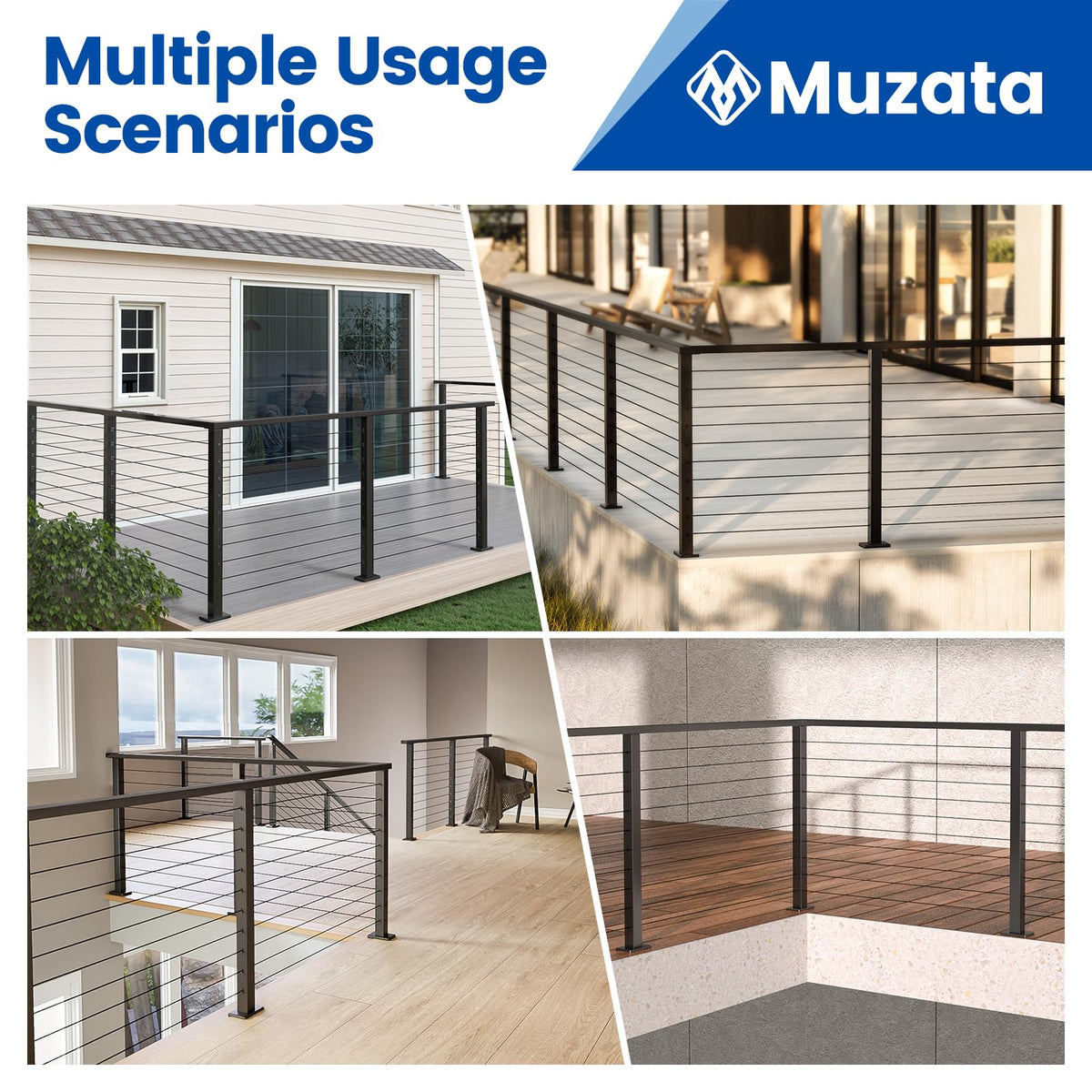 Muzata black corner post supports 3-inch cable spacing for stable rails