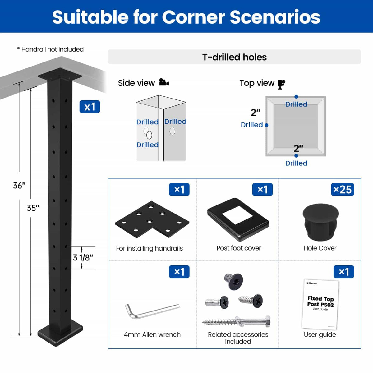 Muzata black corner post 36-inch side detail highlights three-sided corner drilling for corner runs