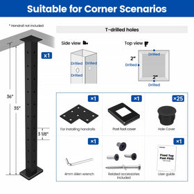 Muzata black corner post 36-inch side detail highlights three-sided corner drilling for corner runs