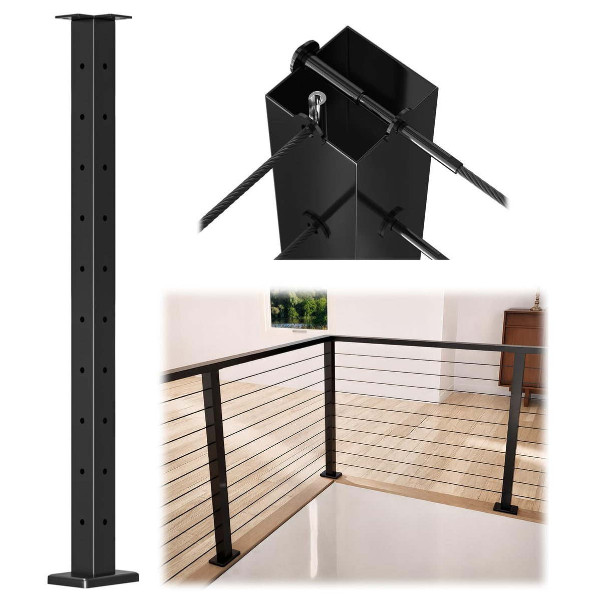 Muzata black corner post 36-inch top view shows a sleek rust-resistant frame for outdoor decks