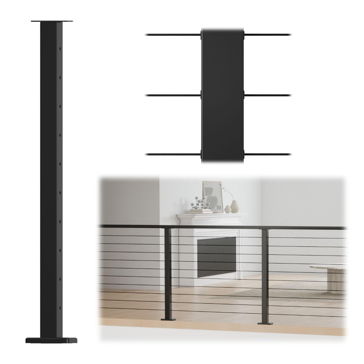 Muzata black 36-inch post with level holes for precise railing alignment.