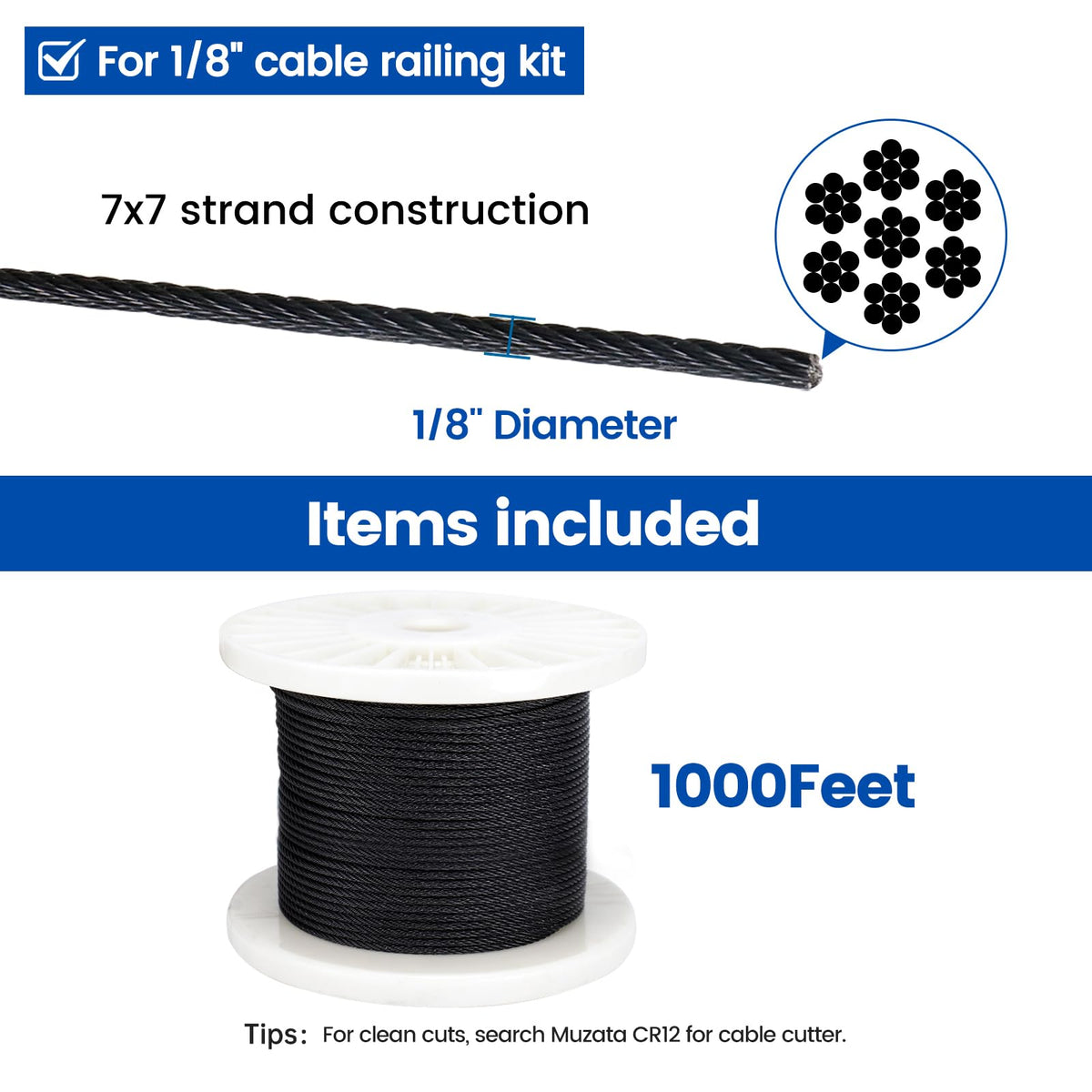 Muzata black stainless steel cable close-up for outdoor resilience